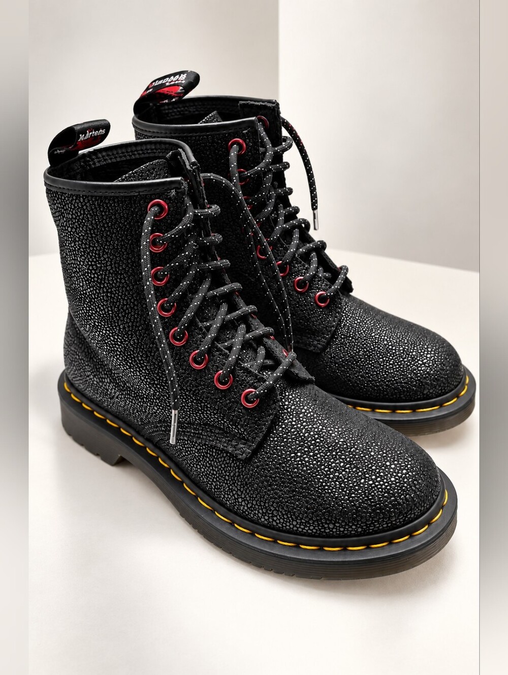 Dr. Martens 1460 Black Glitter Combat Boots Red Eyelets Lace-Up Women Size 7